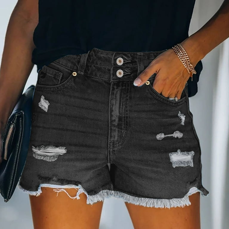 YYDGH Jean Shorts Womens High Waisted Stretchy Two Buttons Frayed Raw Hem  Ripped Denim Shorts Distressed Black S 