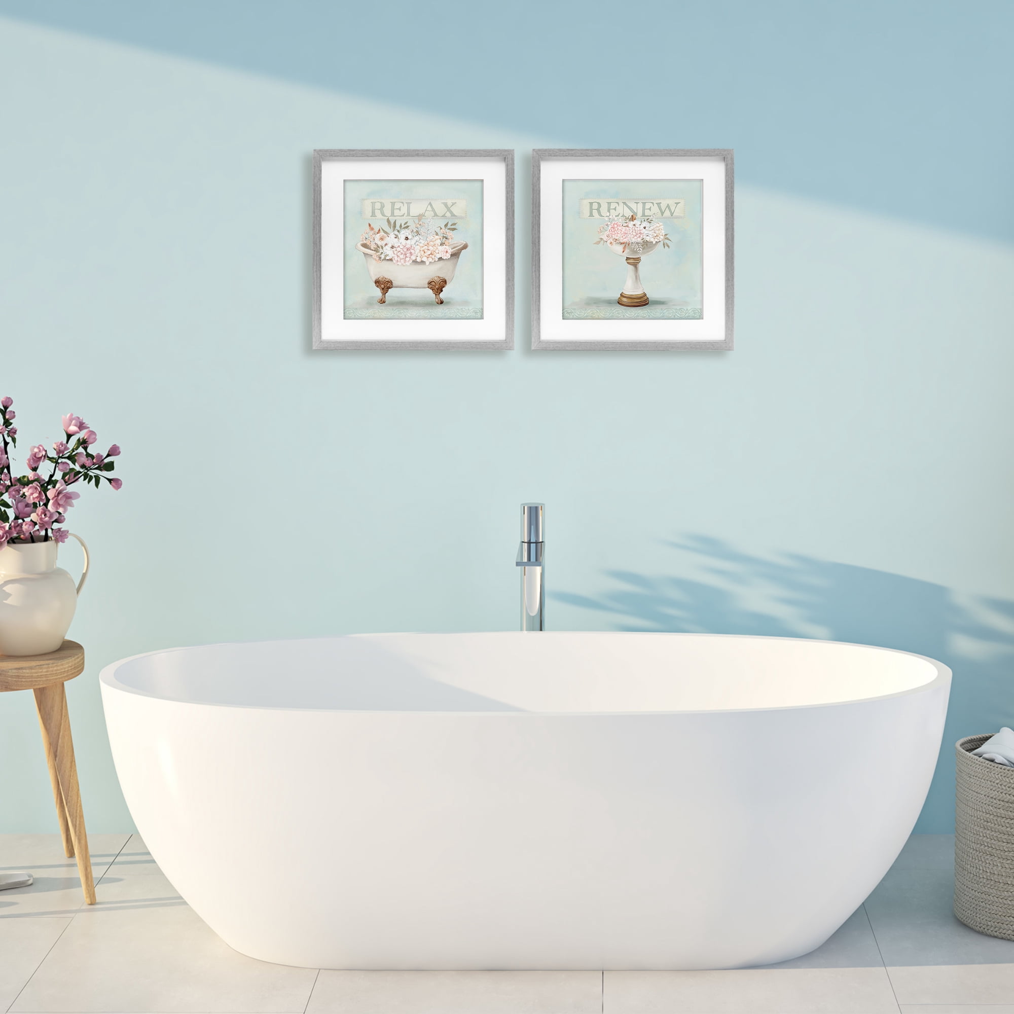 Stupell Industries Antique Florals Relax Renew 2 Piece Gray Framed Print Under Glass Set, design by Mollie B.