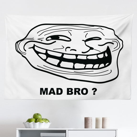 Humor Tapestry, Irritating Troll Face Man with Cynical Expression Oh Crap Famous Fun Image Print, Fabric Wall Hanging Decor for Bedroom Living Room Dorm, 2 Sizes, Black and White, by Ambesonne