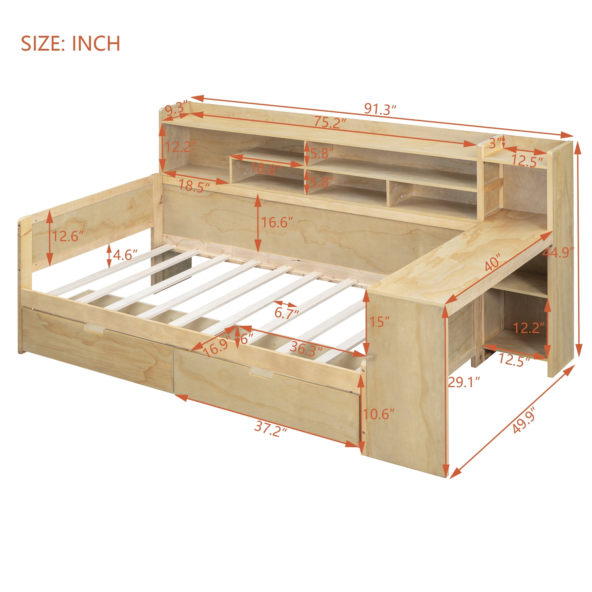 Euroco Wood Twin Size Daybed with Bookcase, Functional Shelves and Drawers for Bedroom, Natural