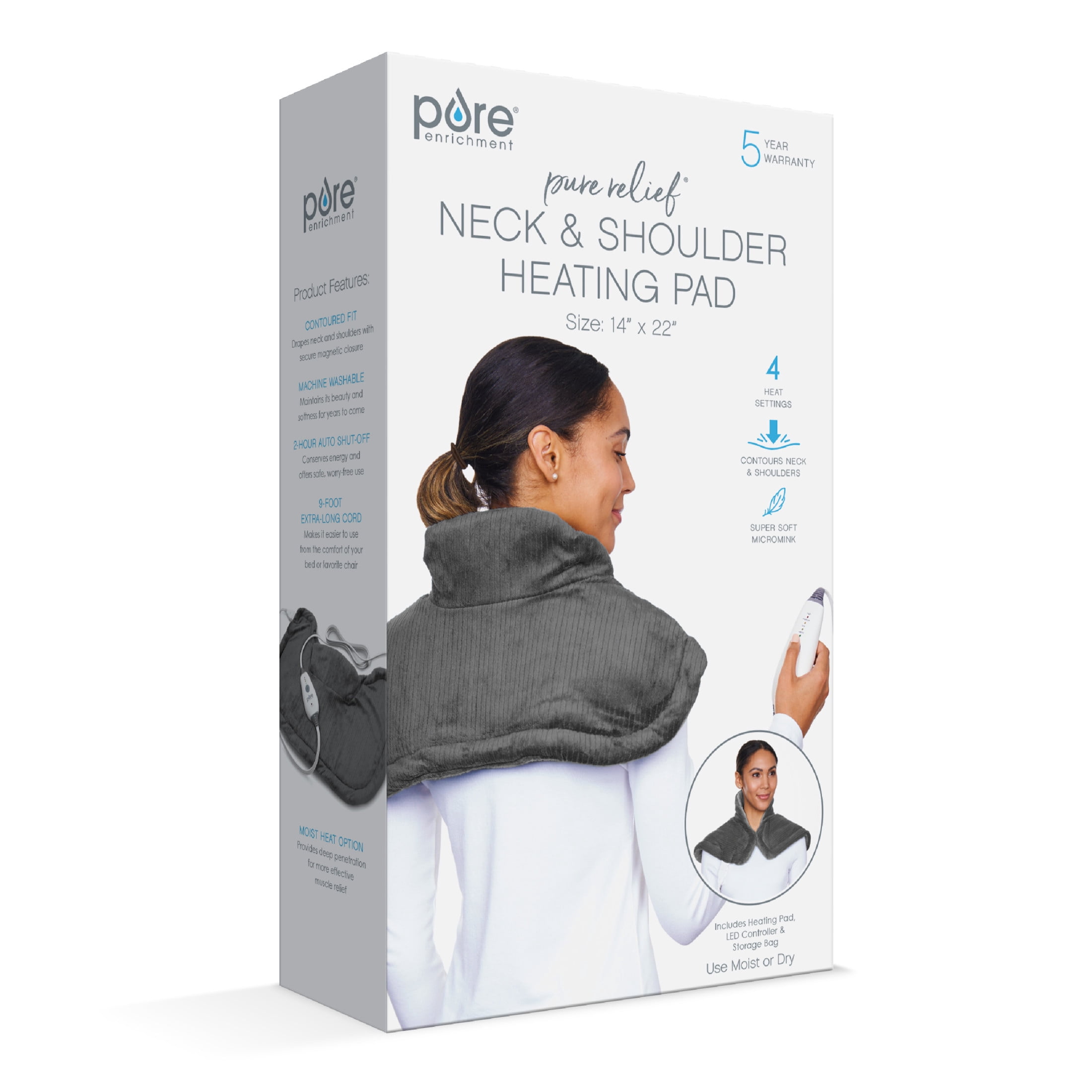Pure Enrichment PureRelief Neck & Shoulder Heating Pad - 4 Heat Settings, Auto Shut-Off, Universal Fit, Magnet Closure, Soft Micromink, Storage Bag, 5-Year Warranty, Machine Wash (Charcoal Gray)