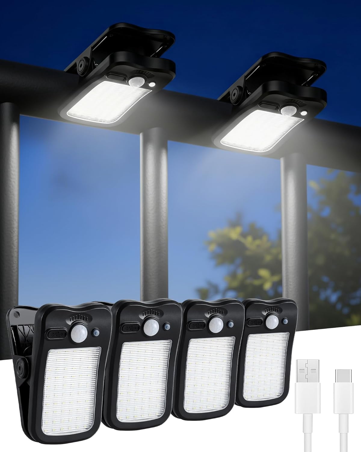 4 Pack Clip On Solar Fence Lights Outdoor Waterproof, Security Motion Sensor Lights with 3 Light Modes for Fence, Wall, Garage, Garden, Yard, Patio Umbrella