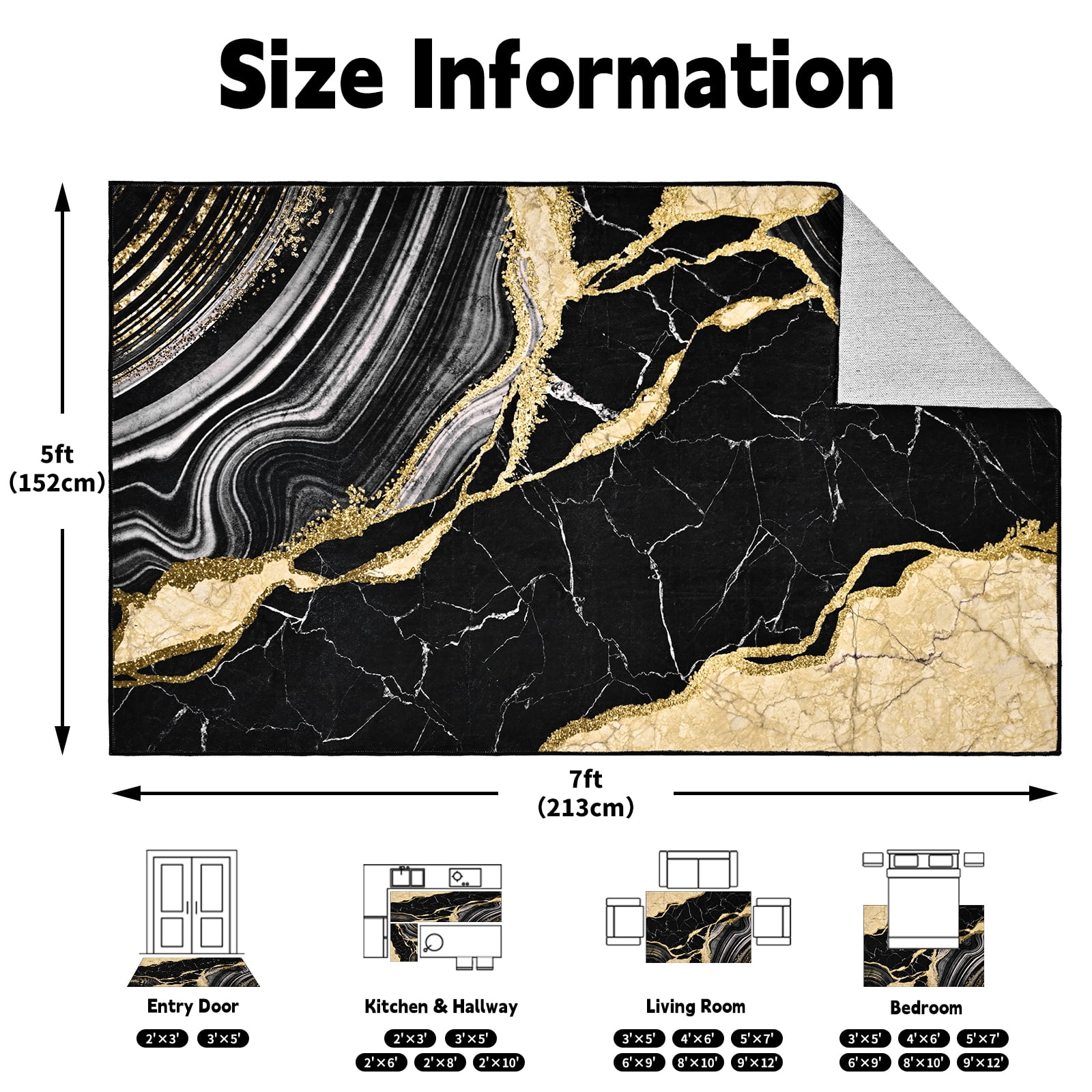 Bleum Cade 5'x7' Area Rugs for Living Room, Marble Swirl Abstract Rug Ultra Soft Washable Rugs for Bedroom, Anti Slip Durable Carpet Home Decor for Dining Room,Black Gold