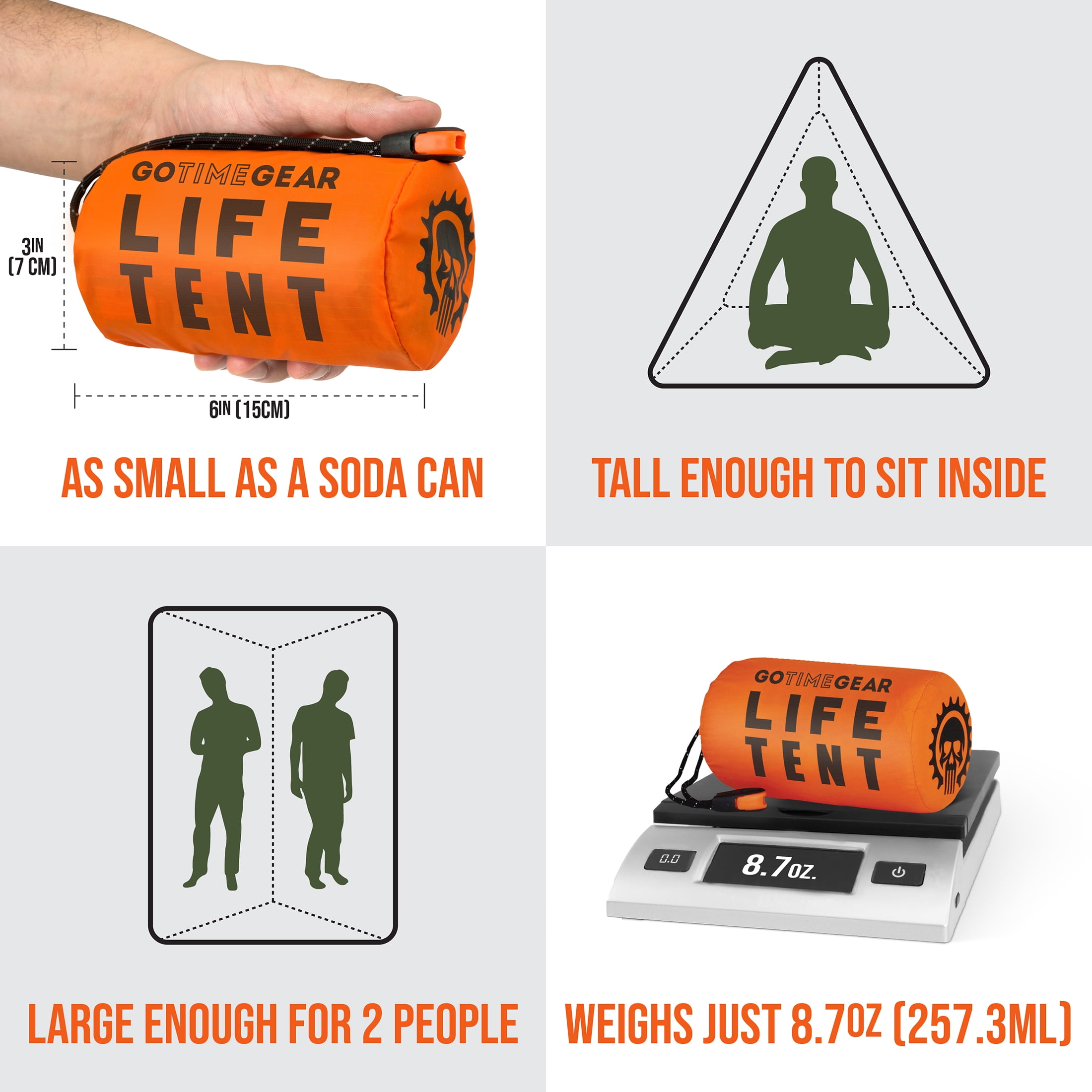 Go Time Gear Life Tent 2-Person Emergency Survival Shelter, Waterproof Thermal Tube Tent, Orange