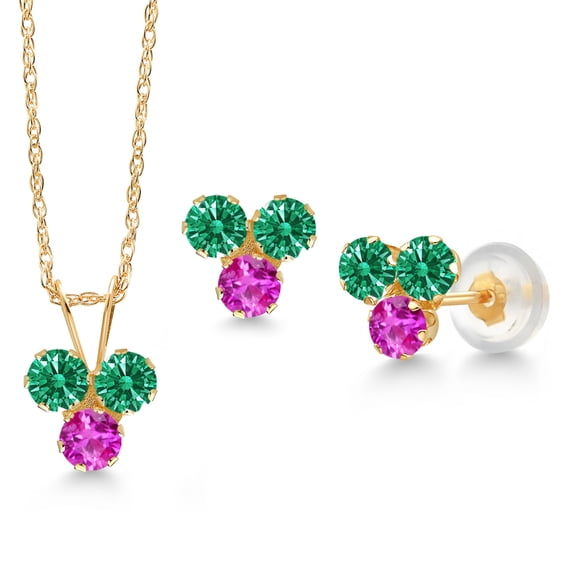 Gem Stone King 14K Yellow Gold Green Zirconia and Pink Sapphire 3 Stone Pendant and Earrings Jewelry Set for Women (1.06 Cttw, Round 3MM, with 18 inch Chain)