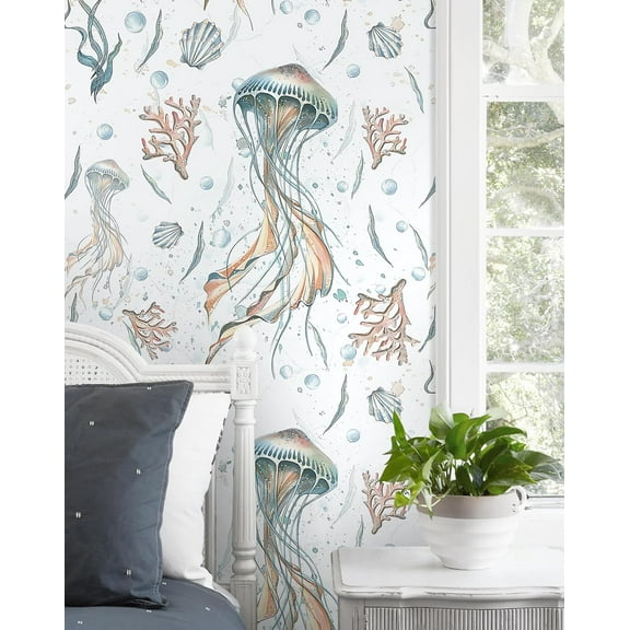 Light Blue Ocean Peel and Stick Wallpaper with Jellyfish & Seaweed - Waterproof -Adhesive Removable Wall Decor for Bathroom & Living Room