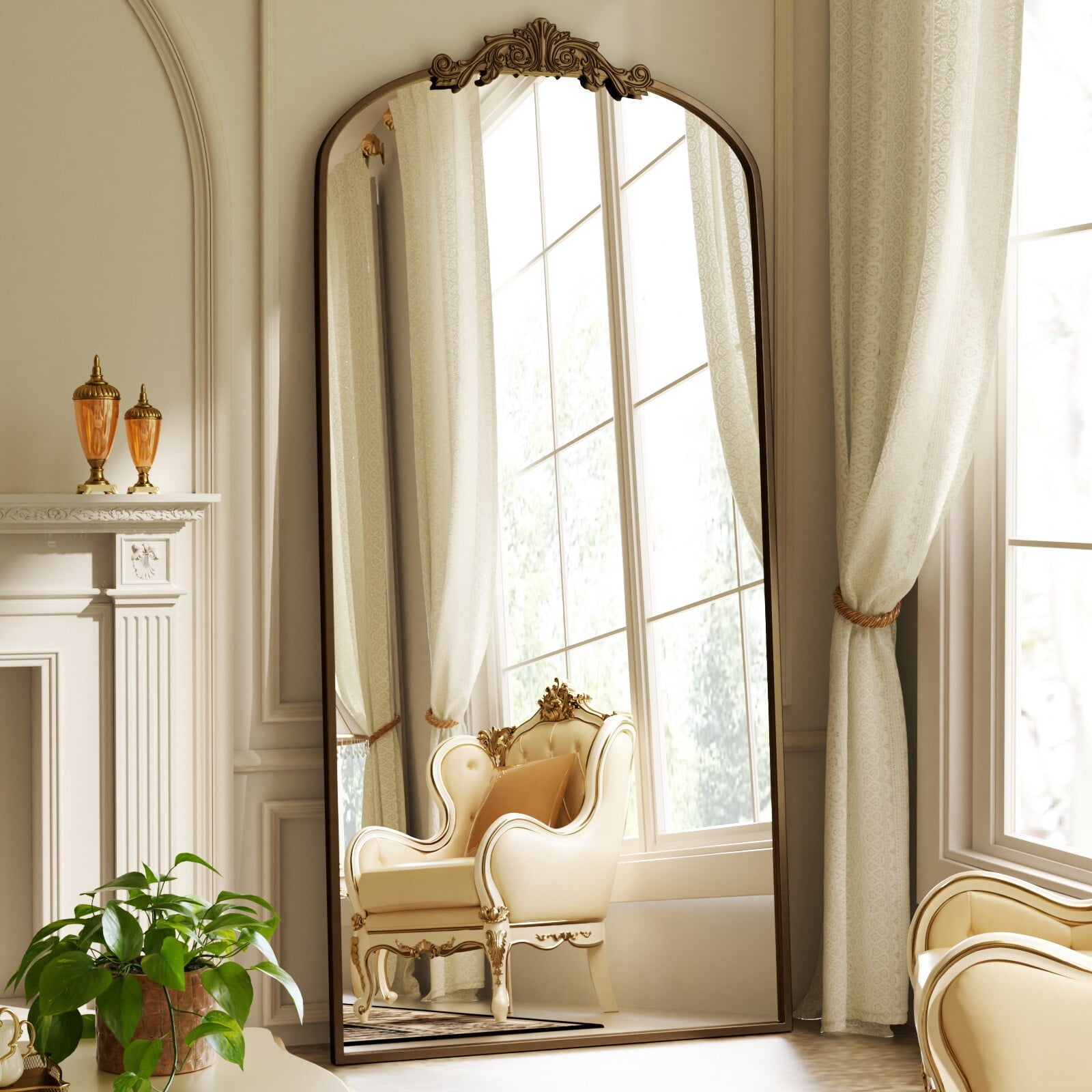 Easy4Home 73"x32" Vintage Arched Full Length Mirror Standing Floor Mirror with Baroque Style Carving Metal Frame, Antique Bronze