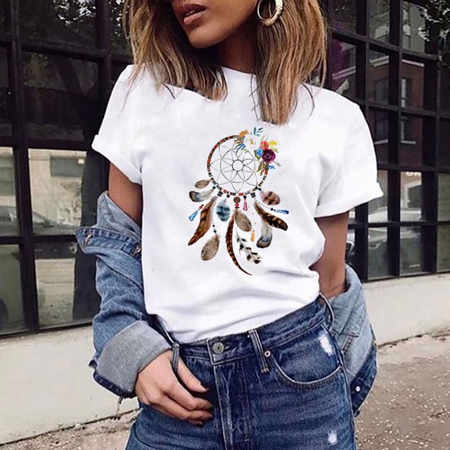 Pntutb, camiseta de cuello redondo con atrapasueños de flores para mujer, blusa Harajuku, ropa de calle de verano, tops Pntutb Pntutb-2862