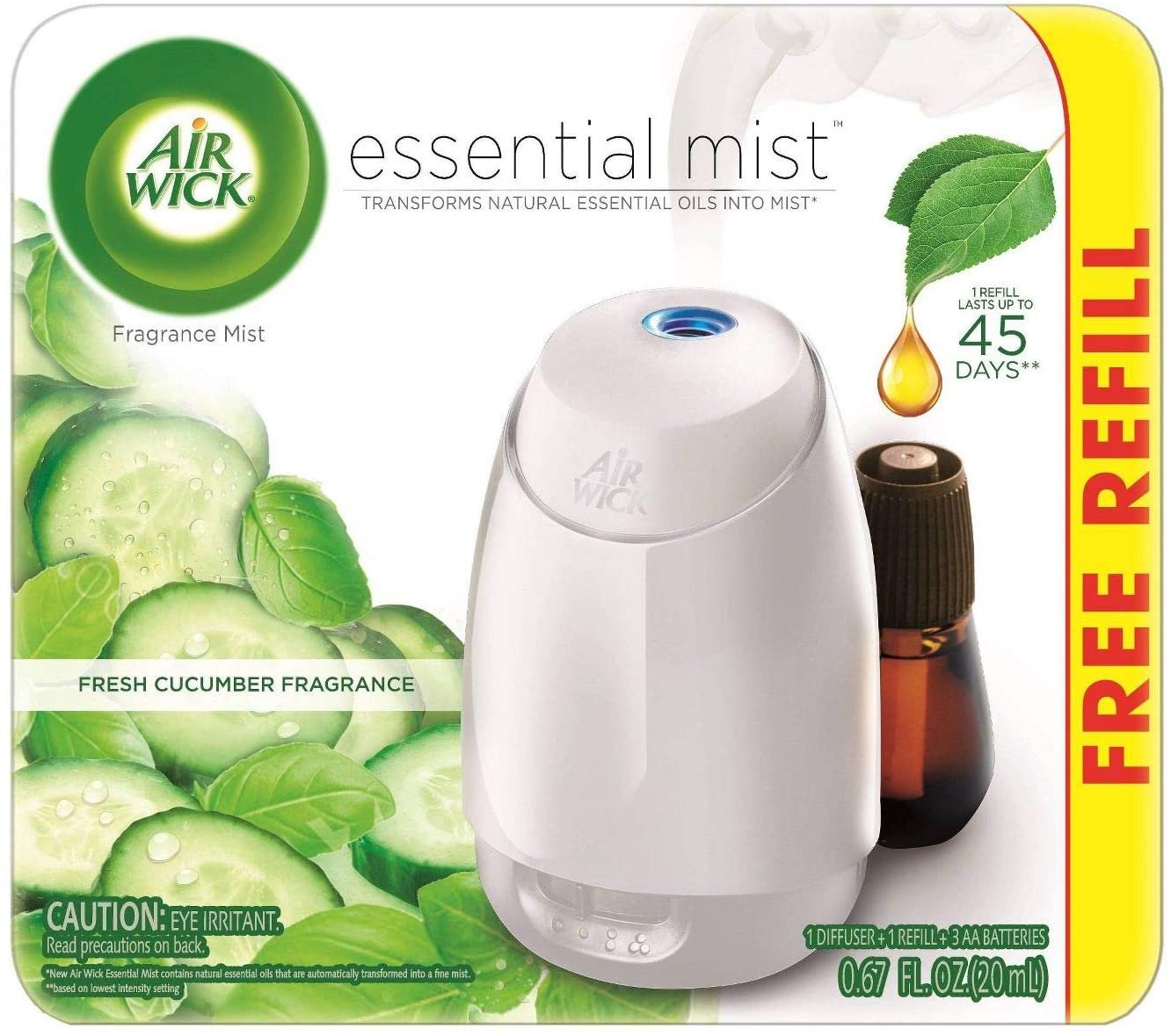 Air Wick Fresh Cucumber Fragrance Essential Mist with Free Refill 0.67 fl oz, Pack of 1