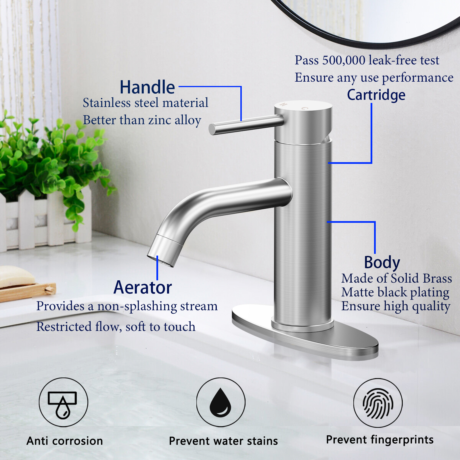 Bathroom Faucet, Silver Bathroom Faucet Single Handle Bathroom Faucet Modern Single Hole Faucet Bathroom with Pop-up Sink Drain Stopper & Deck Plate 1 or 3 Hole Bathroom Faucet(Brushed Silver)