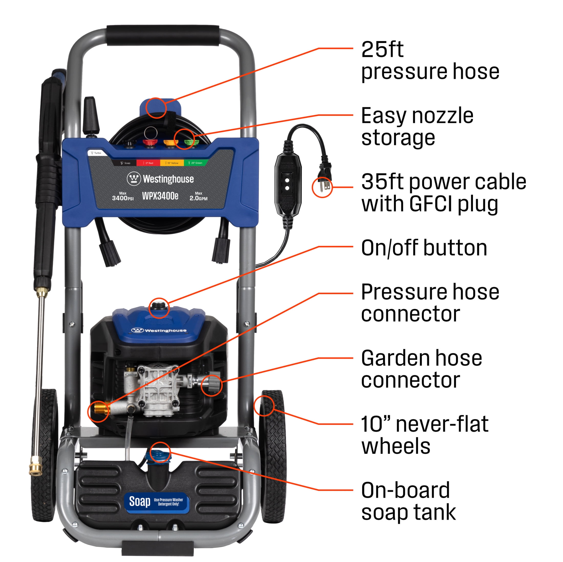 Westinghouse 3400 Max PSI, 2.0 Max GPM Electric Pressure Washer with Brushless Motor, 5 Nozzles & Soap Tank