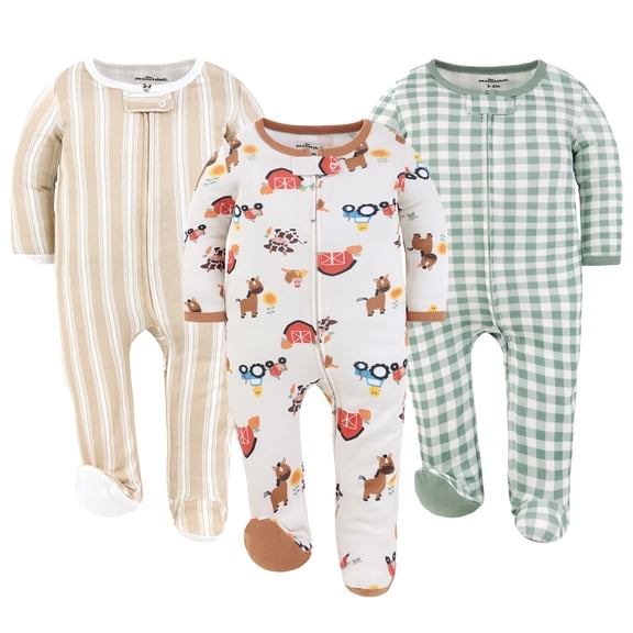 The Peanutshell Cozy Farm Footed Baby Sleepers for Boys and Girls, 3-Pack, 0-3 Months