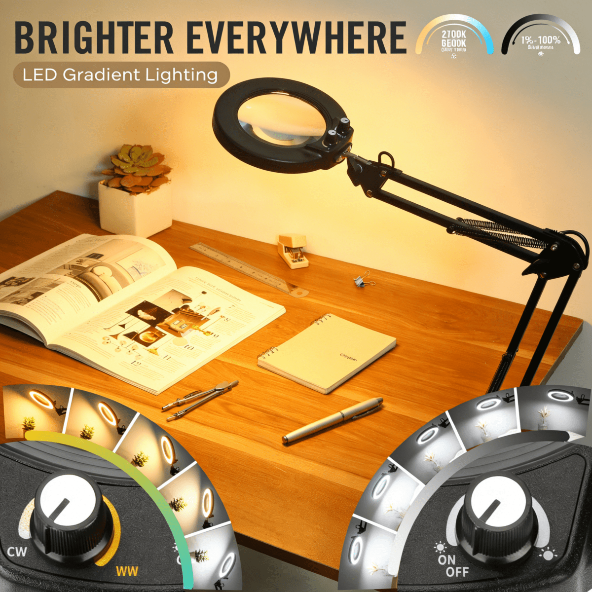 Magnifying Glass with Light and Stand, Real Glass Lens, Switch Knob for Multi-Color Modes Dimmable, LED Lighted Desk Lamp & Clamp, Hands Free Magnifier for Repair Craft Painting Close Work