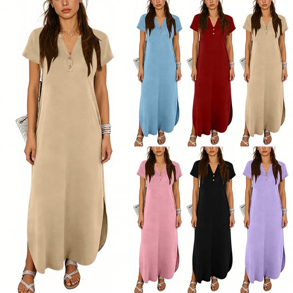 POIUYTR Women Summer T-shirt Dress Casual V Neck Short Sleeve Shift Dresses Loose Fit Side Split Maxi Dress