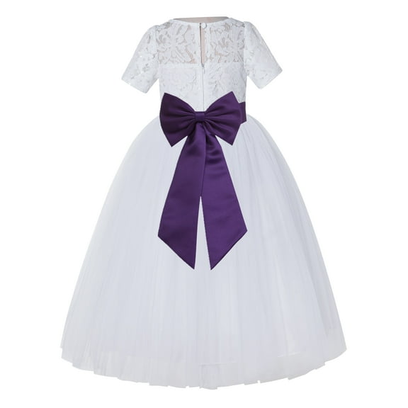 Ekidsbridal Girl Pageant Flower Girl Dress - White Lace Short Sleeve with Bow Sash LG2T-A (Size: 2-12)