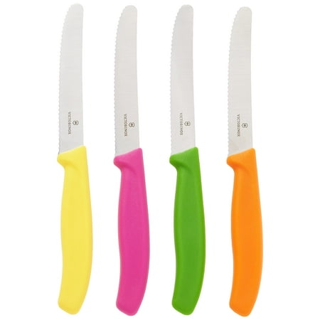 Victorinox 4.5 Inch Utility Knife Set | Razor Sharp Serrated Edge, Ergonomic Fibrox Pro Handle, Four (4) Pack, Multi Colored