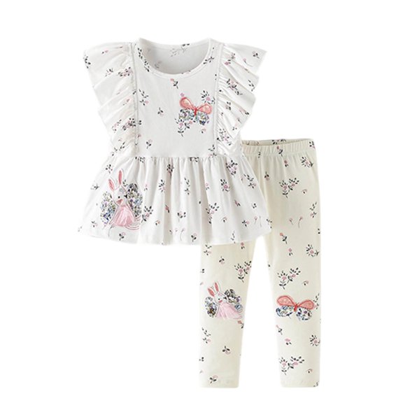 Toddler Girls Floral 2 Piece Outfit, Sleeveless Ruffle Peplum Top & Matching Print Leggings Casual Kids Set 2-11 Years