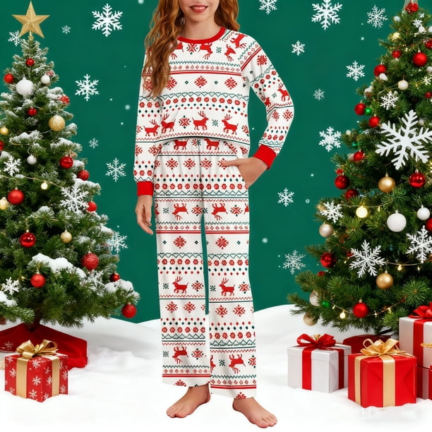 Conjuntos de blusas y camisas de cuello redondo y manga larga con estampado navideño para niños Camisa de manga larga con cuello redondo y cintura elástica Pantalones largos Conjunto de traje de casa