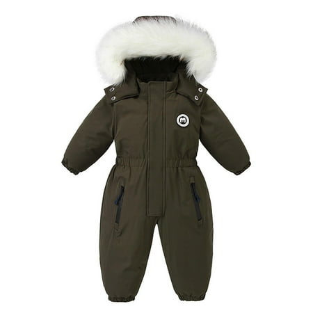 Xfvqtps Snowsuit One Piece Fake Fur Hooded Rompers Plush Lined Keep Warm Solid Color Cute Badge Waterproof Windproof Winter Jumpsuits Army Green