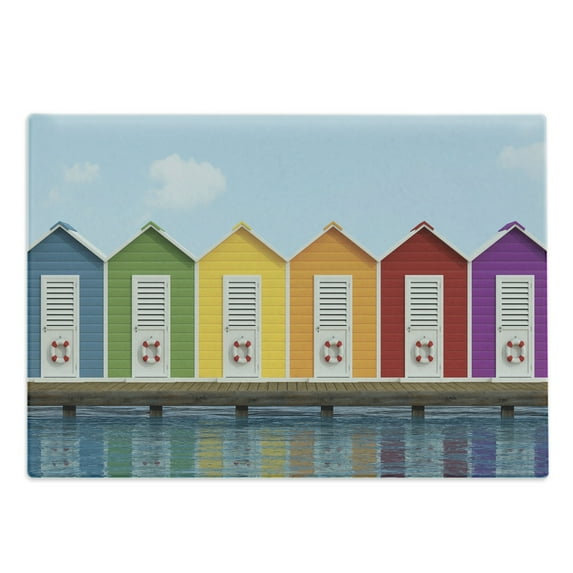 Landscape Cutting Board, Image of Colorful Beach Cabins on an Old Wooden Pier by Sea Summer Beach House, Decorative Tempered Glass Cutting and Serving Board, Large Size, Multicolor, by Ambesonne