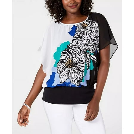 JM Collection Women's Printed Banded Hem Top Black Size XX-Large