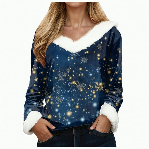 Rotm Womens Christmas Shirts Trim Christmas Tree Print T-Shirt Long Sleeve Crewneck Sweatshirt Xmas Holiday Pullover Tops(Dark Blue,2XL)