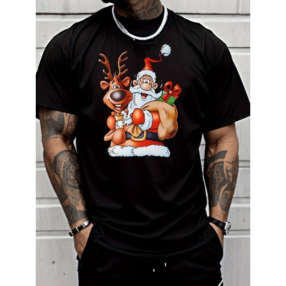 Men's Christmas T-Shirt - Santa Claus and Reindeer Pattern T-Shirt with Gift Bag Design, Casual Round Neck Short Sleeve Shirt, Suitable for Daily and Special Occasions, Lightweight and Breathable Fab