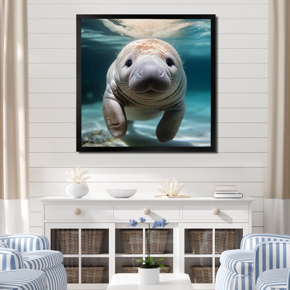 Designart "Manatee's Curious Gaze III" Animals Framed Wall Art Decor - Modern Blue Manatee Entryway Framed Wall Art
