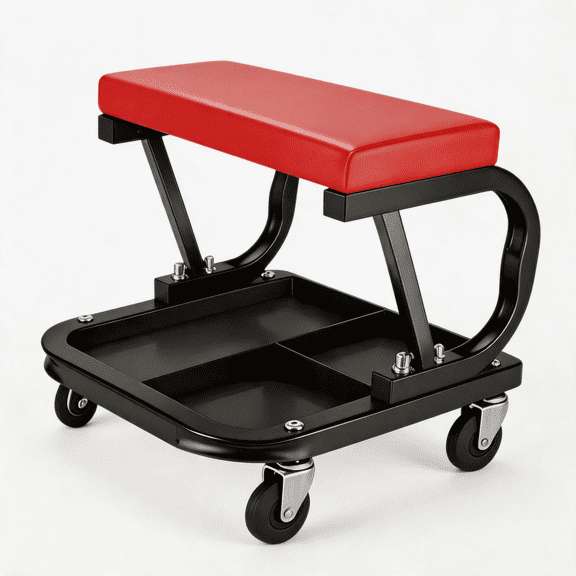 Heavy-Duty Rolling Mechanic Stool with C-Frame, PU Padded Seat & Divided Tool Tray, 360° Swivel Casters for Garage Repair
