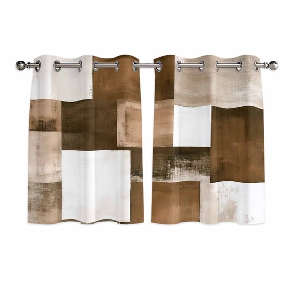 Brown Geometric Kitchen Curtains Short 45 Inch Length, Vintage Oil Painting Contemporary Grommet Top Bedroom Living Room Curtains, Light Filtering Cafe Curtain Drapes 2 Panels Set 84''x45''