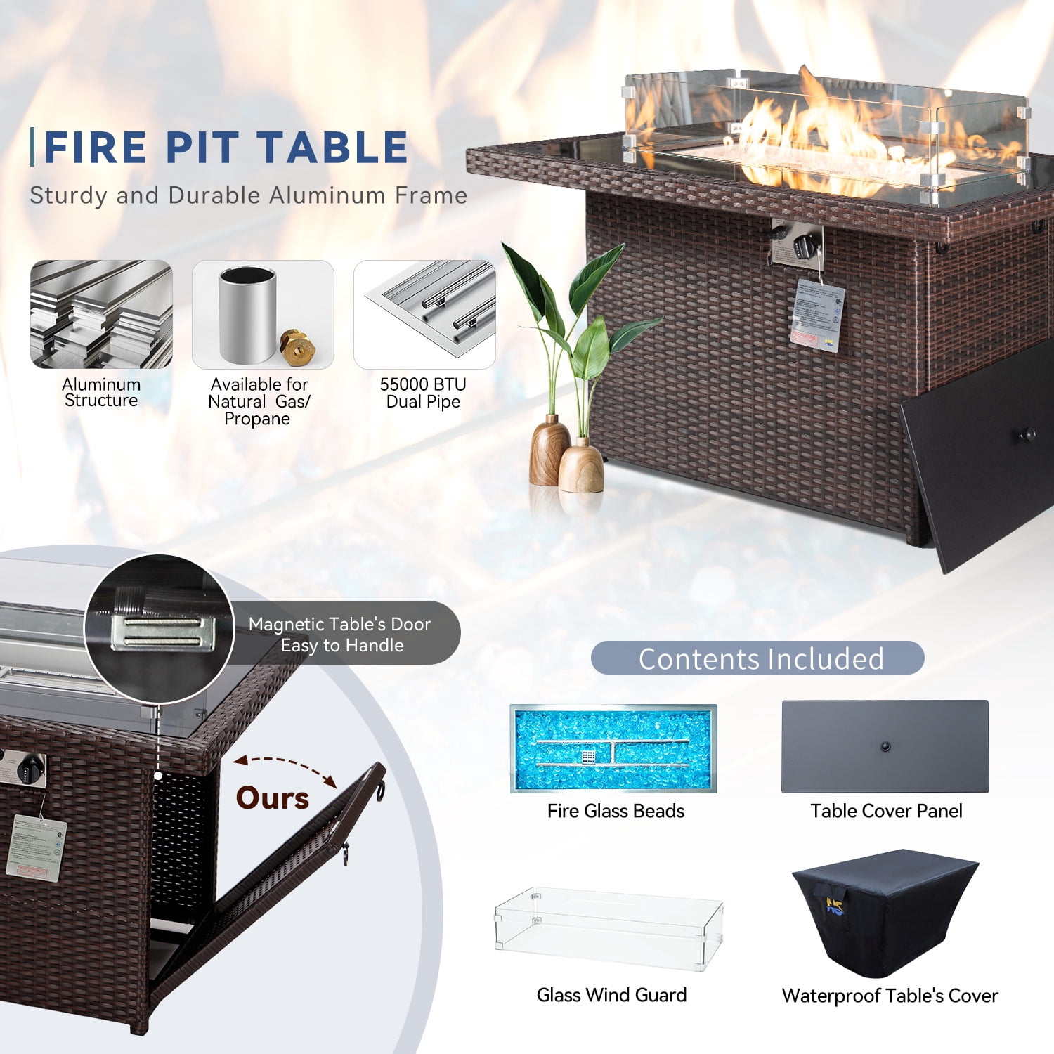 RADIATA 9 Pcs Outdoor Wicker Furniture with Fire Pit Table Espresso/Navy