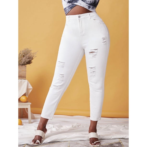 Pantalones vaqueros rotos angustiados de gran altura. Rosegal Vaqueros de talla grande