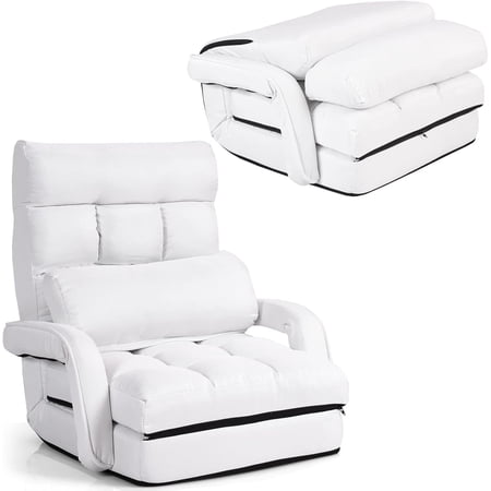 Unbranded Indoor Chaise Lounge Sofa Folding Lazy Sofa Floor Chair with 6-Position Adjustable Backrest Lumbar Pillow Folding Padded Lounger Bed with Armrests Assembly-Free (White)