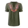 thumbnail image 5 of Womens Tops Short Sleeved Summer Cotton and Linen Embroidered V Neck Artistic Loose Pullover T Shirt, 5 of 6