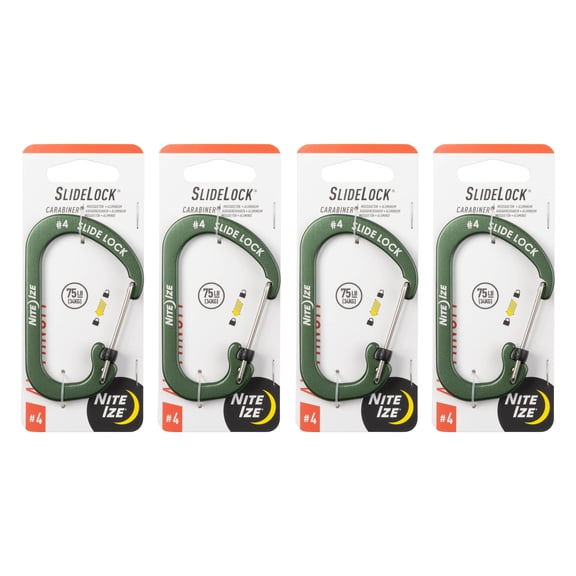 Nite Ize Aluminum SlideLock Carabiner - Daily Use & Lightweight Carabiner - Compact Aluminum Carabiner with Lock - Versatile Rectangular Carabiner - Size 4, Olive (4 Pack)