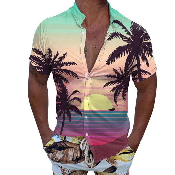 Camisas Hombre Vestir Hombres Casual Manga corta Primavera Verano Turndown Neck 3D Impreso Camisas Moda Top Blusa Camisas (Purple, S)