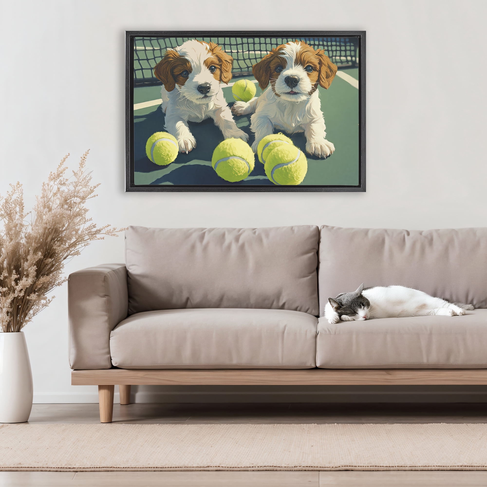 Stupell Industries Playful Puppies with Tennis Balls Black Framed Floater Canvas Wall Art, design by Imagine It Images