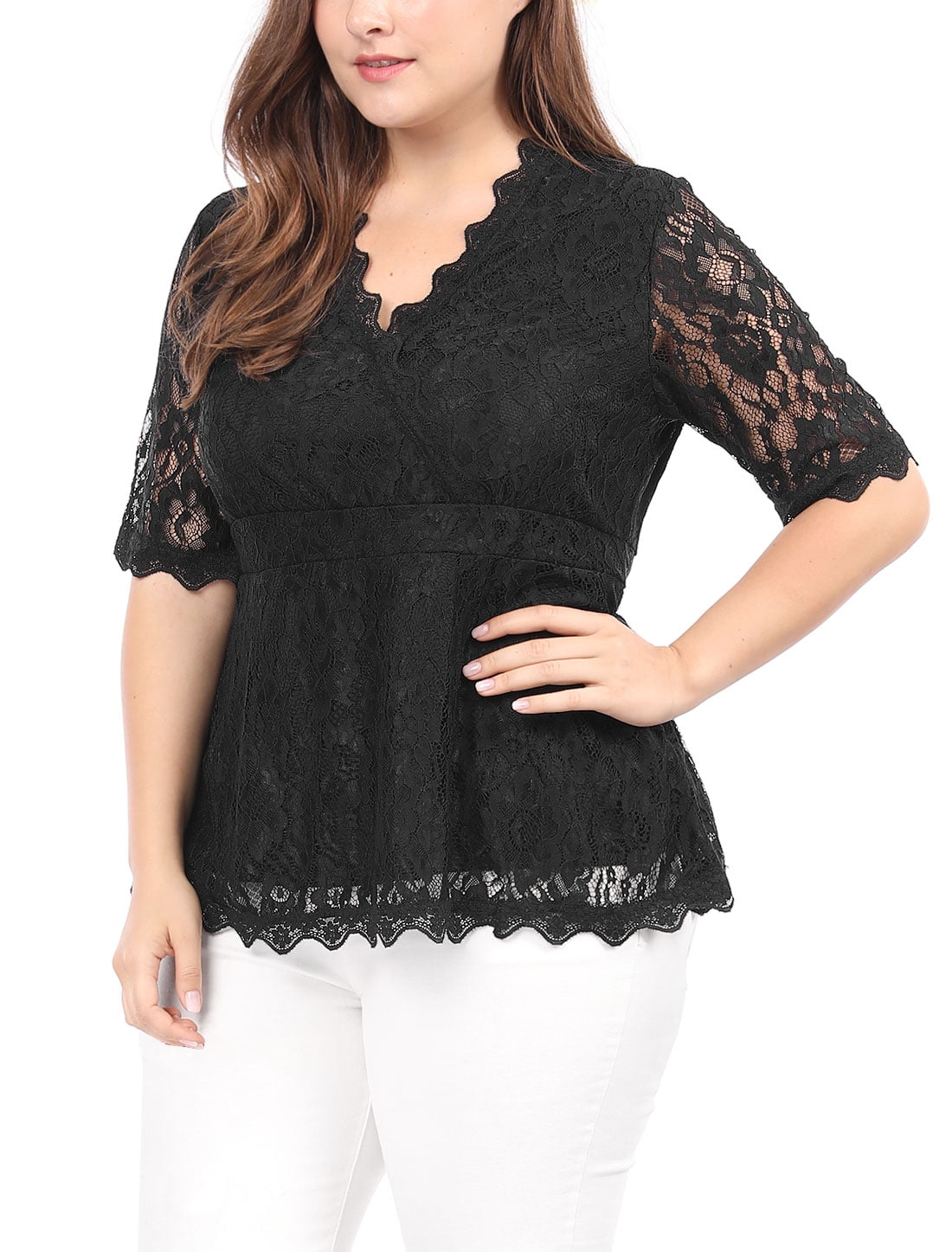women's plus size black lace tops