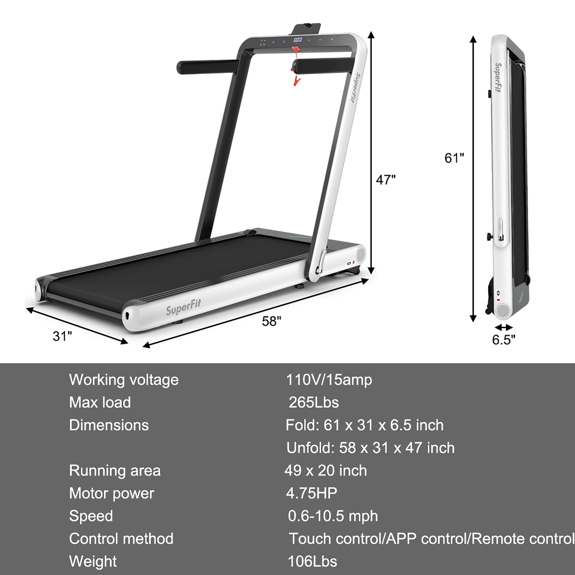Costway 4.75HP 2 In 1 Folding Treadmill W/Remote APP Control White