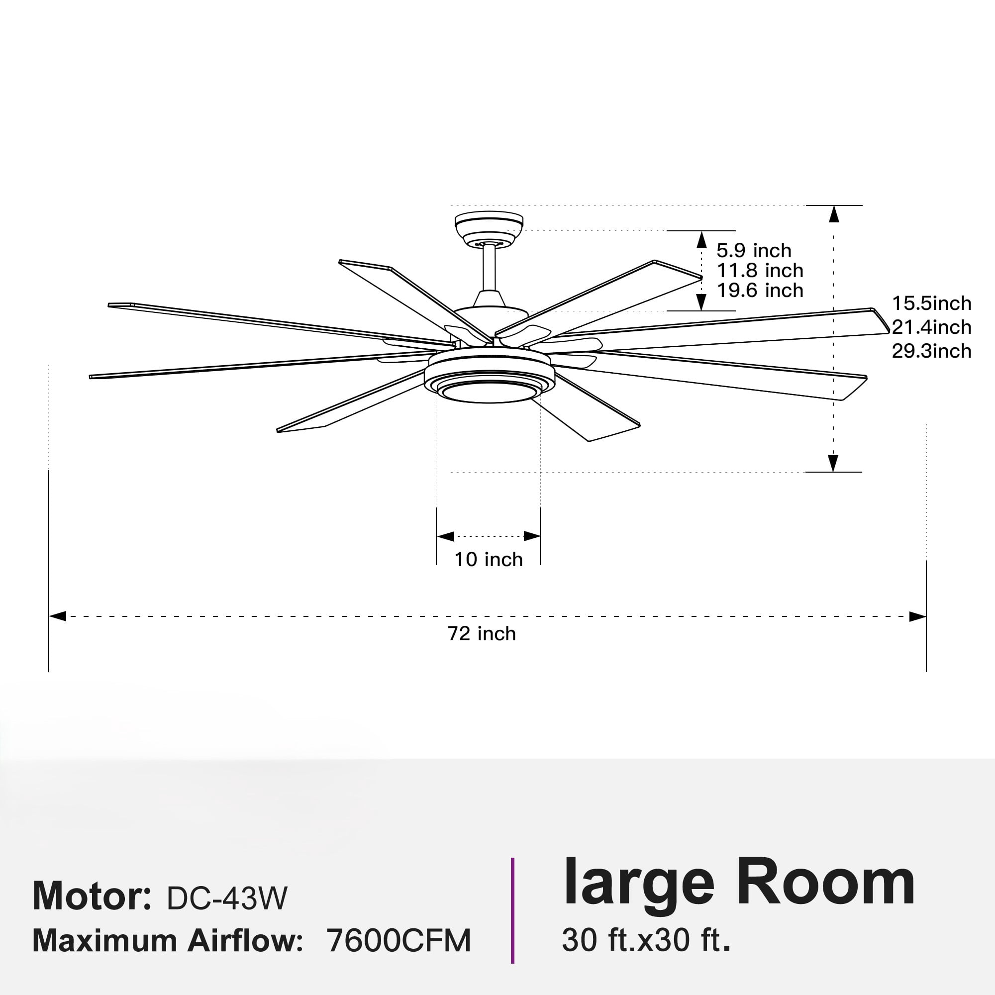 Leumius 72" Ceiling Fan with Lights and Remote,Integrated LED Matte Black Large Smart Ceiling Fan with Quiet DC Motor, 6 Speeds for Indoor Outdoor Large Room