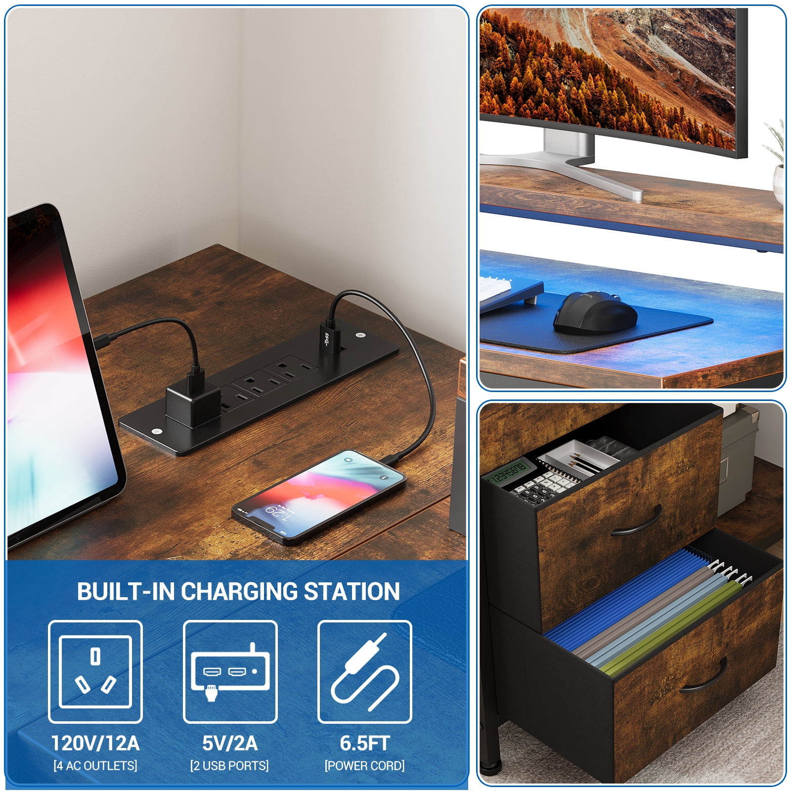 43 Inch Computer Desk With Drawers, L Shaped Desk with Power Outlets and Led Lights, Gaming Desk with Shelves and Monitor Stand