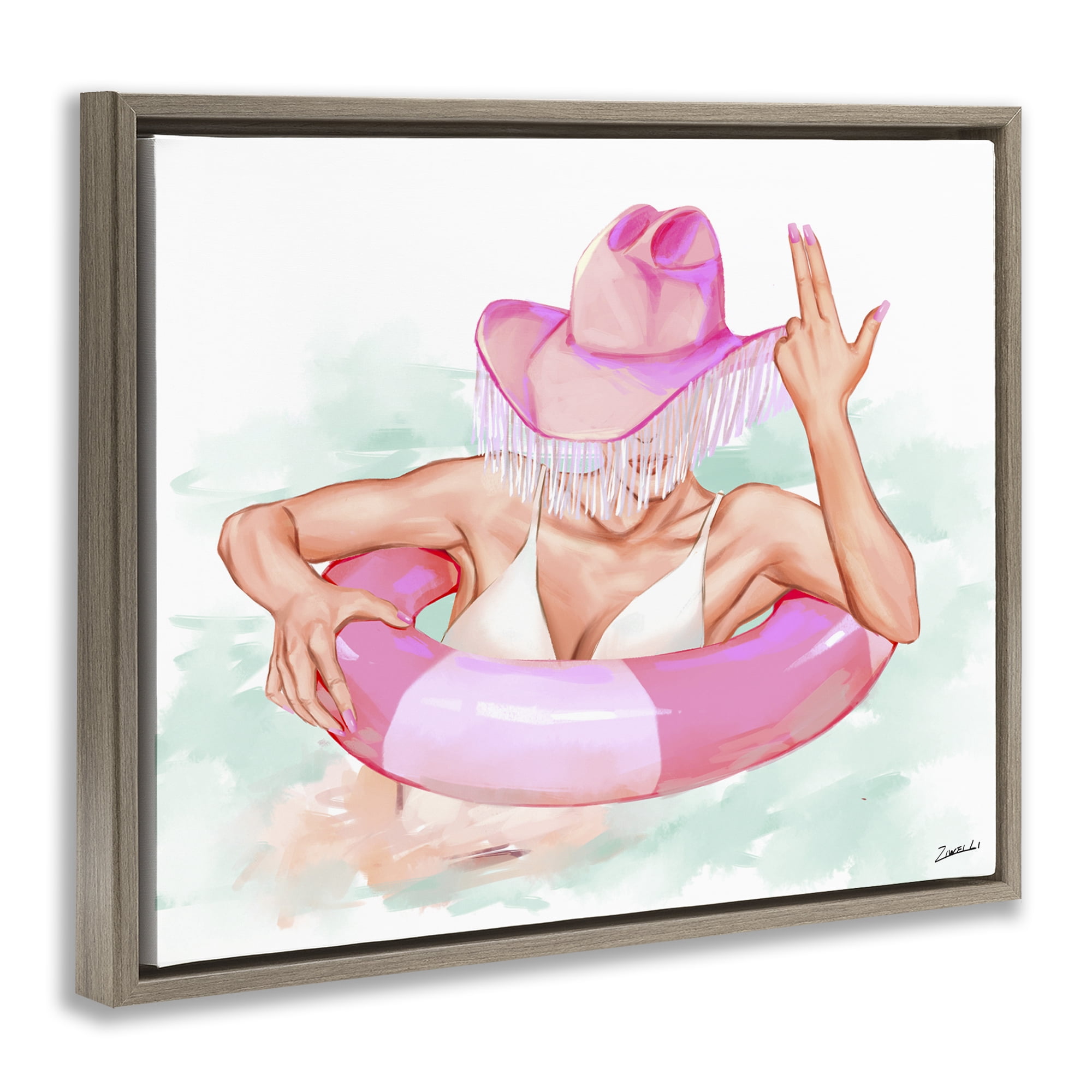Stupell Industries Woman in Pool Float People Painting Brown Floater Framed Canvas Art Print Wall Art, 31 x 25