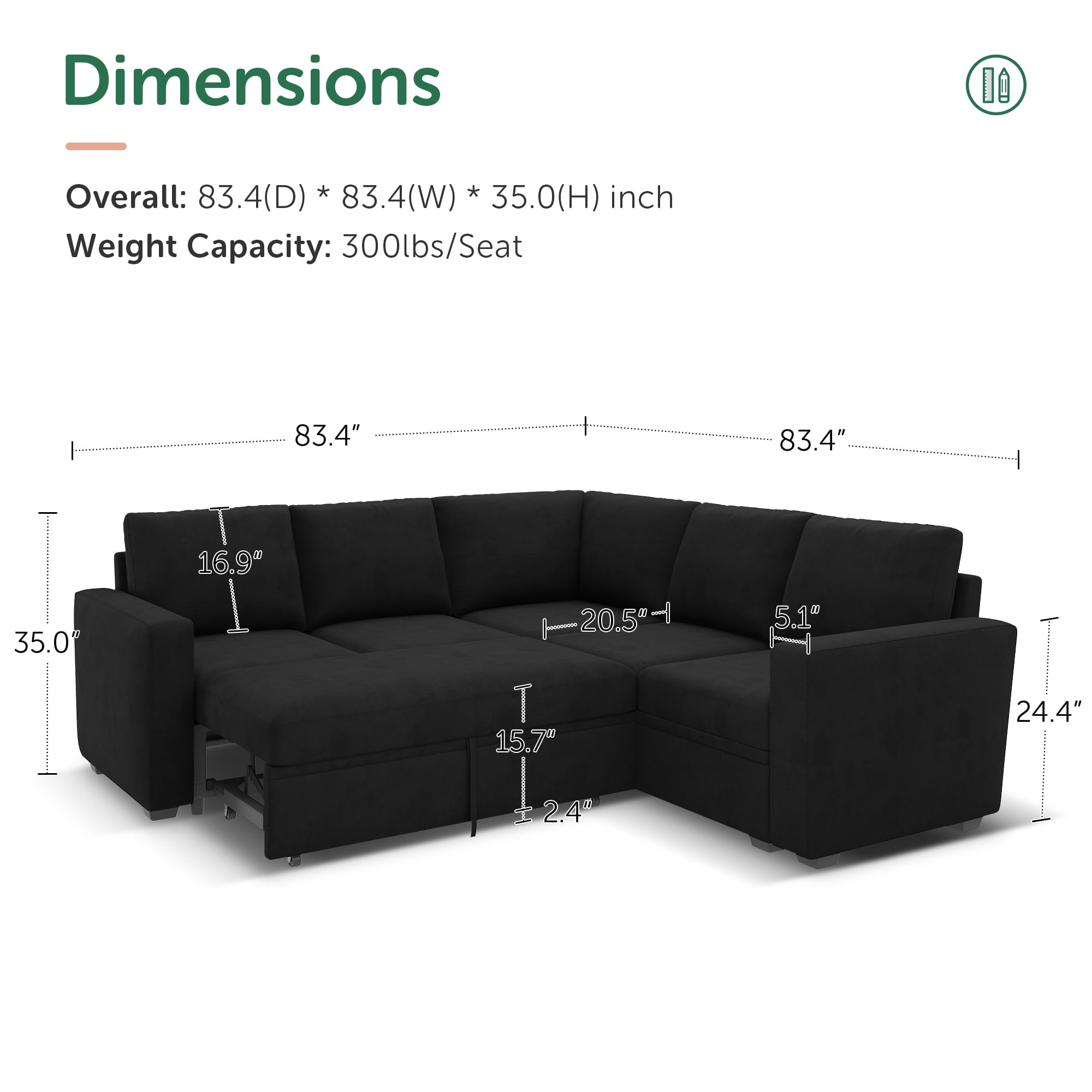 Marrber Convertible Linen Upholstered Sectional Sofa Sleeper Pull-Out Sofa Bed with Storage for Living Room Furniture Sets, Velvet Black