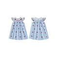 thumbnail image 2 of BemeyourBBs Kids Toddler Baby Girls 4th Of July Outfit Summer Smocked Dress Patriotic Clothes USA Letter Bow Embroidered Round Neck Fly Sleeve Casual Holiday Party Dress, 2 of 9