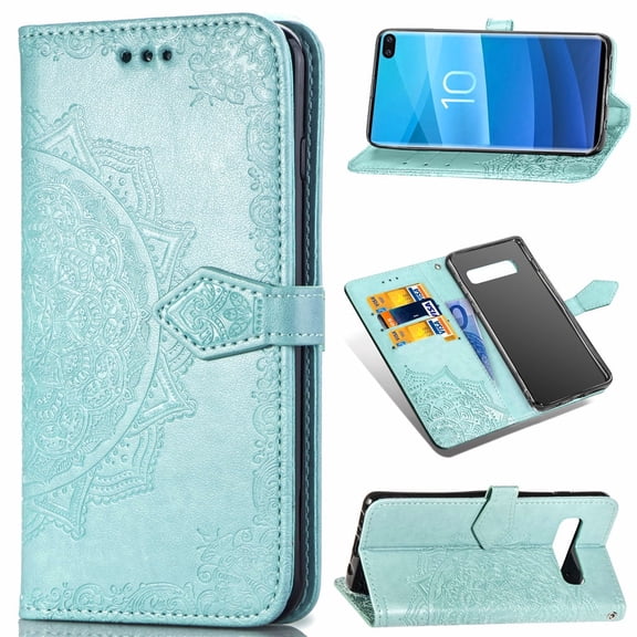 Galaxy S10 Plus Wallet Cases and Covers, Allytech Slim Premium PU Flip Stand Cover Mandala Embossed Full Body Protection with Card Holder Magnetic Closure for Samsung Galaxy S10 Plus, Green