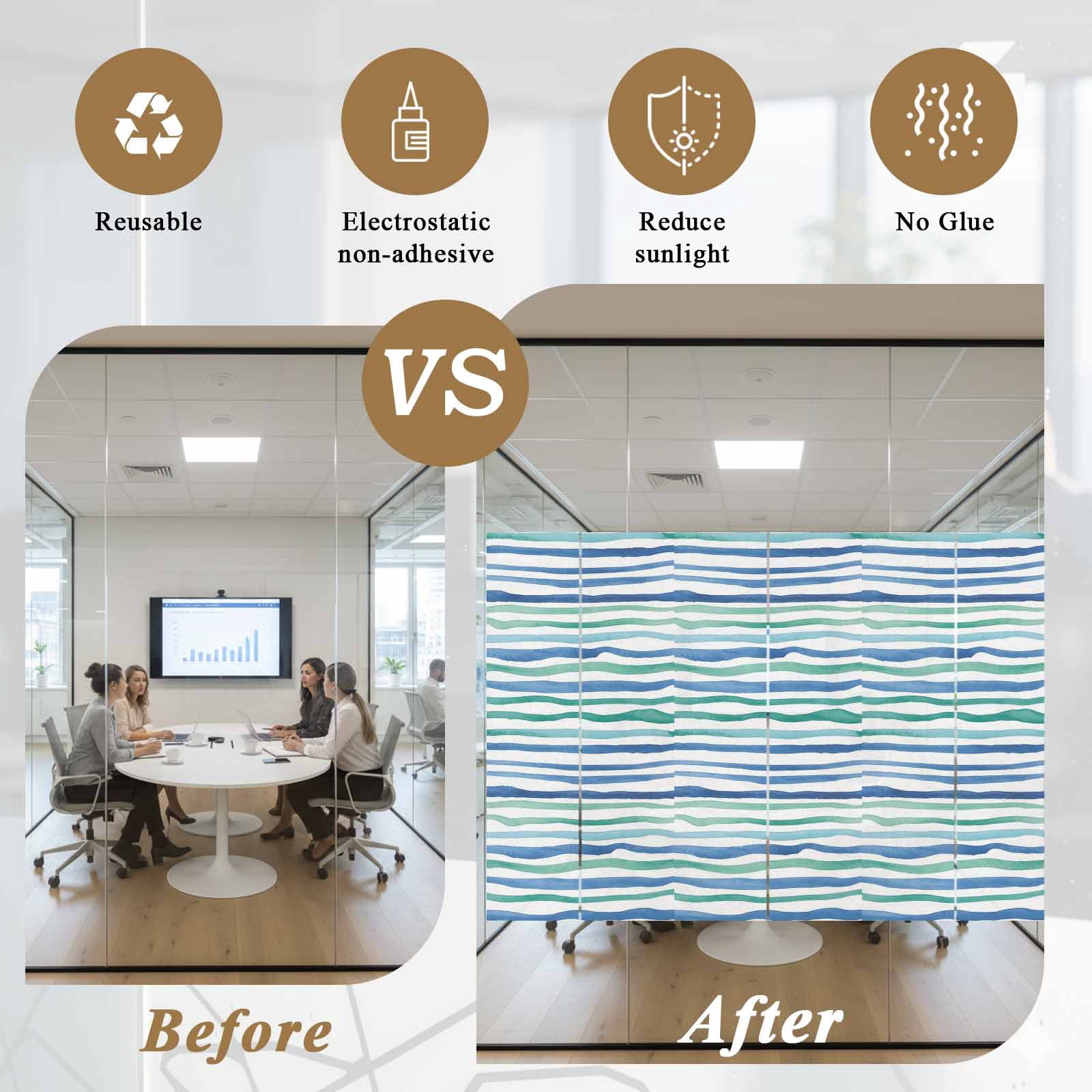 Blue Green Stripes Window Privacy Film, Abstract Art Modern Watercolor Gradient Frosted Glass Window Clings Static Cling UV Heat Blocking Reusable Door Sticker for Bathroom 23.6 x 59 Inch
