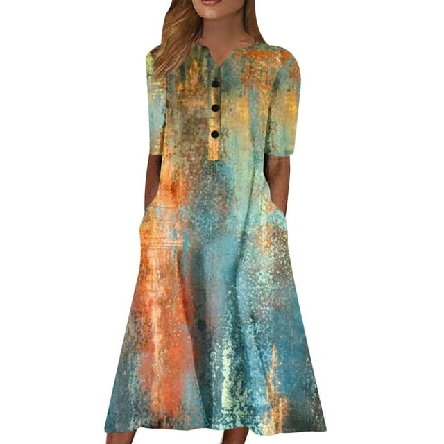 CHOK Robes d'Été pour Femmes à Boutons avec Poches Grande Taille Bohème Décontractée Longue Robe Maxi Imprimé Floral Manches Courtes Col en V Longueur sous le Genou Évasée Ligne A Maison Ample Robes Soleil