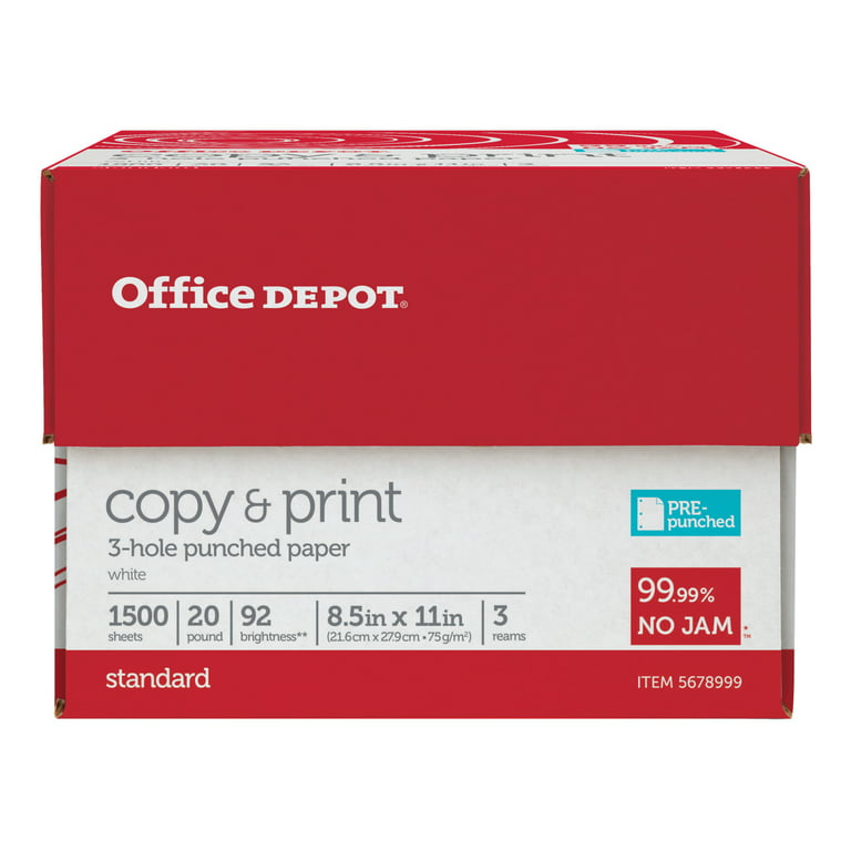 Office Depot® Brand 3-Hole Punched Multi-Use Printer & Copier Paper, Letter  Size (8 1/2 x 11), 1500 Sheets Total, 92 (US) Brightness, 20 Lb, White