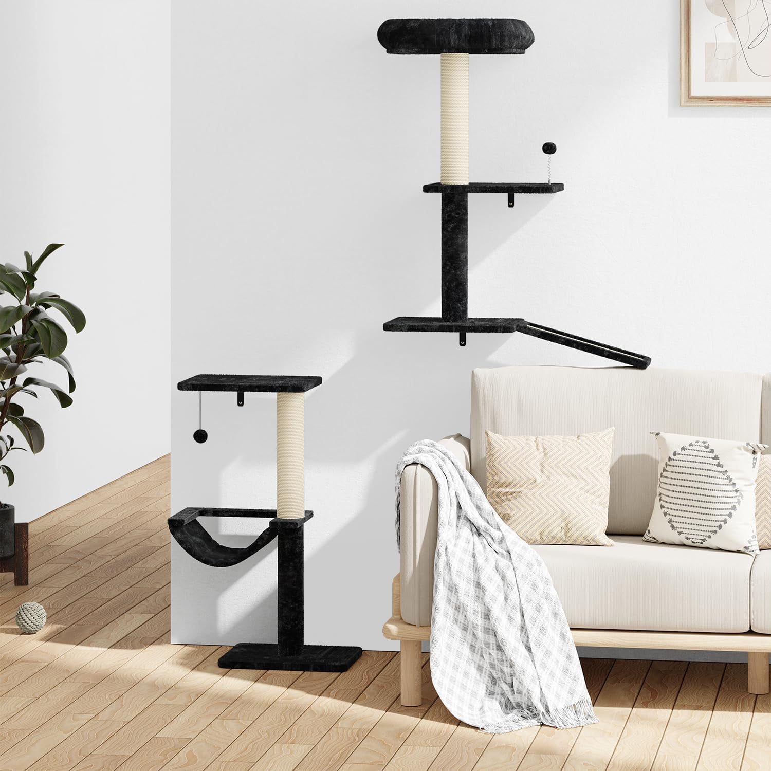 SONGMY Wall Mounted Cat Climber Set, Wall Furniture Set, DIY Wall/Window Shelves, Scratching Post, Comfortable Bed, Cat Shelves for Indoor - Blcak