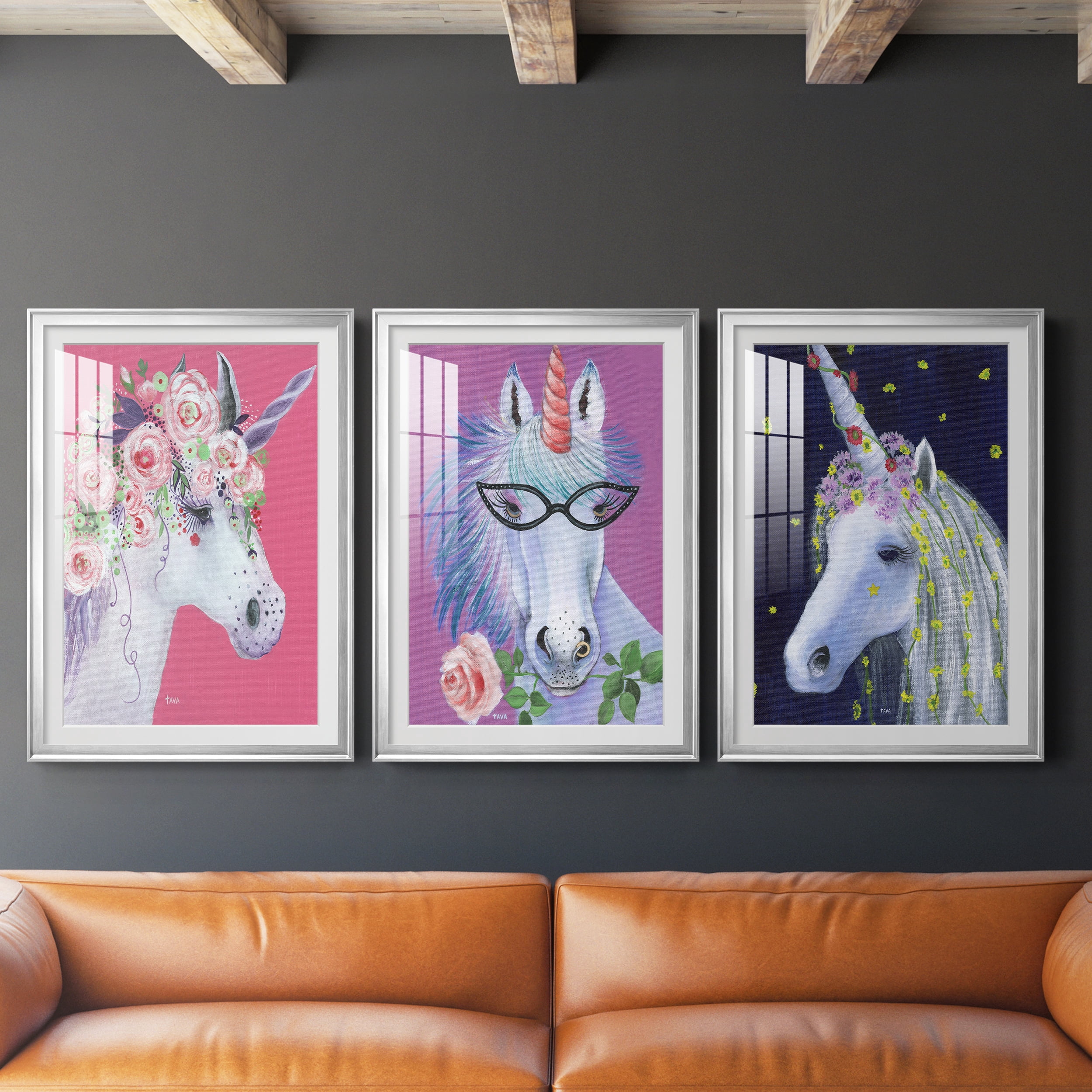 Unicorn II Premium Framed Prints Set of 3 - Ready to Hang - 26.5 x 36.5 Each - Silver Frame